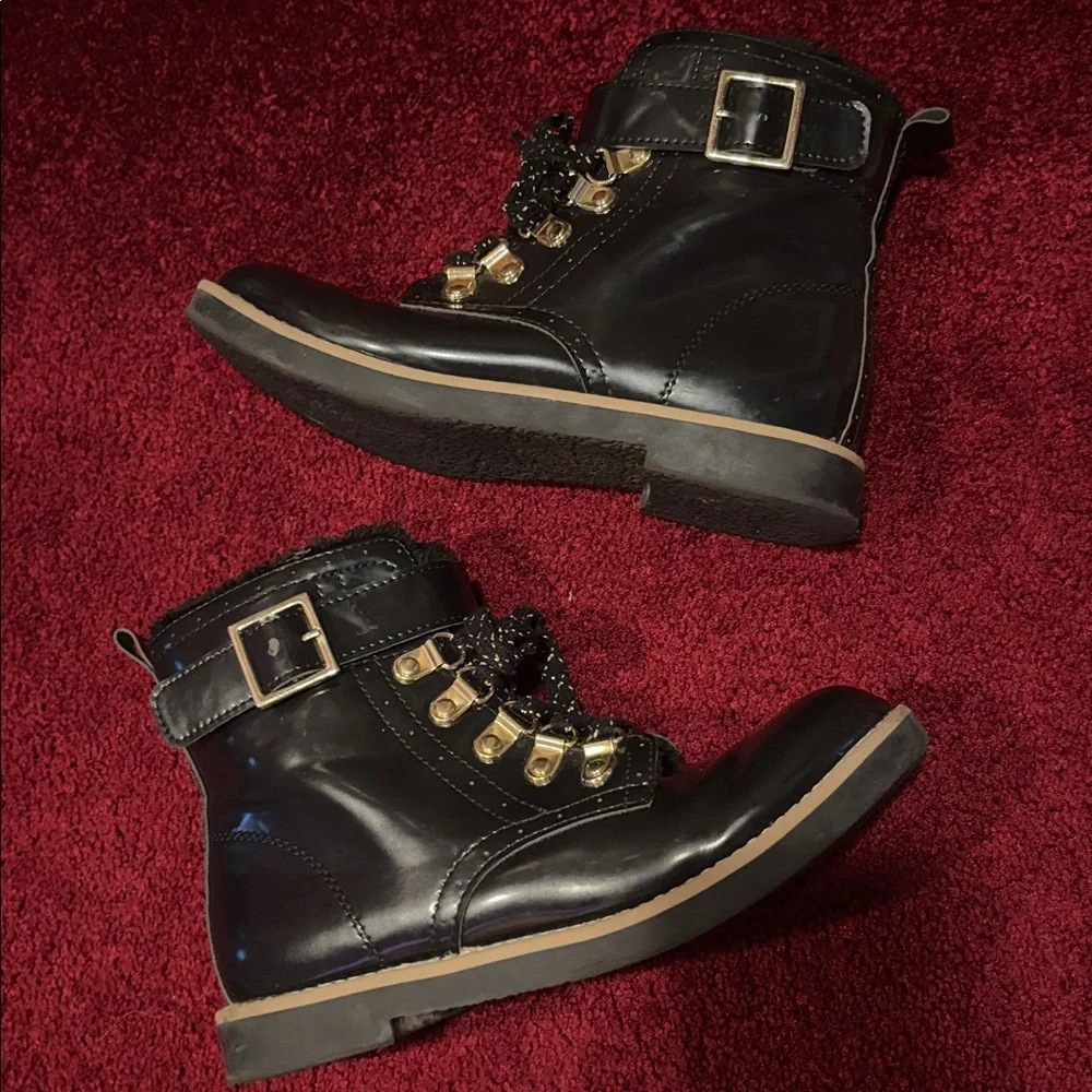 Zara girls tie up faux fur lined patent leather boots eu 34 us 2